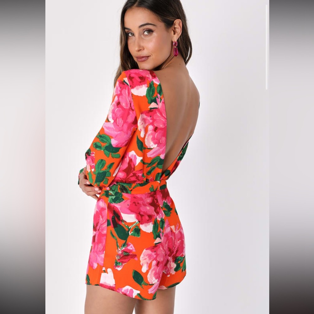 Lulus Orange Floral Print Backless Long Sleeve Romper *Never Worn*